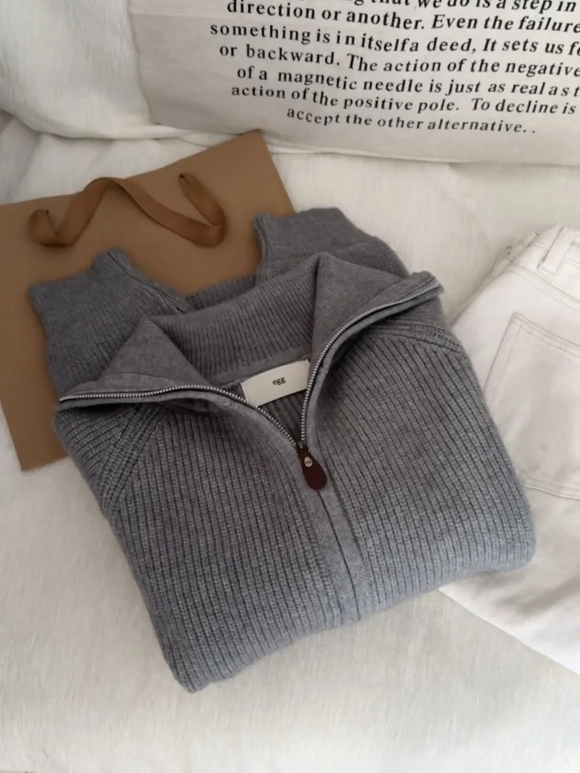 

Теплый кожаный свитер с воротником на молнии, повседневный свободный крой, ультрамягкий длинный кардиган Sve, корейский оригинальный свитер с яйцом