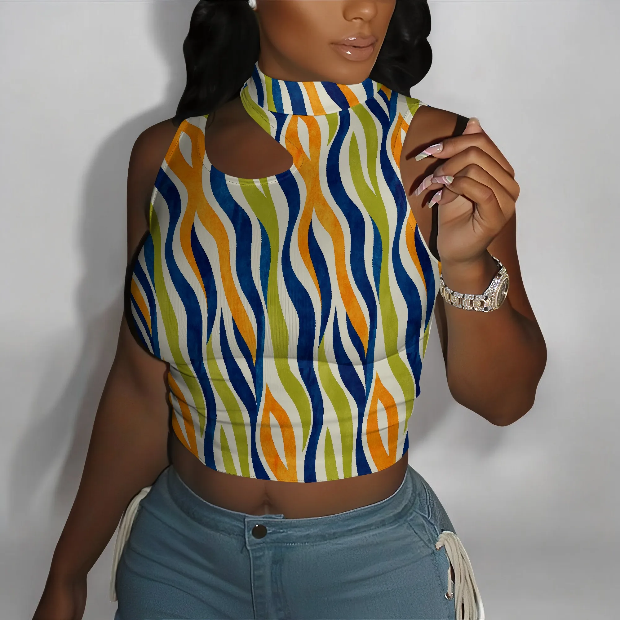 المرأة الصيف الرسن القمم انقطاع أكمام Crewneck Racerback مضلع محبوك المحاصيل تانك الأعلى