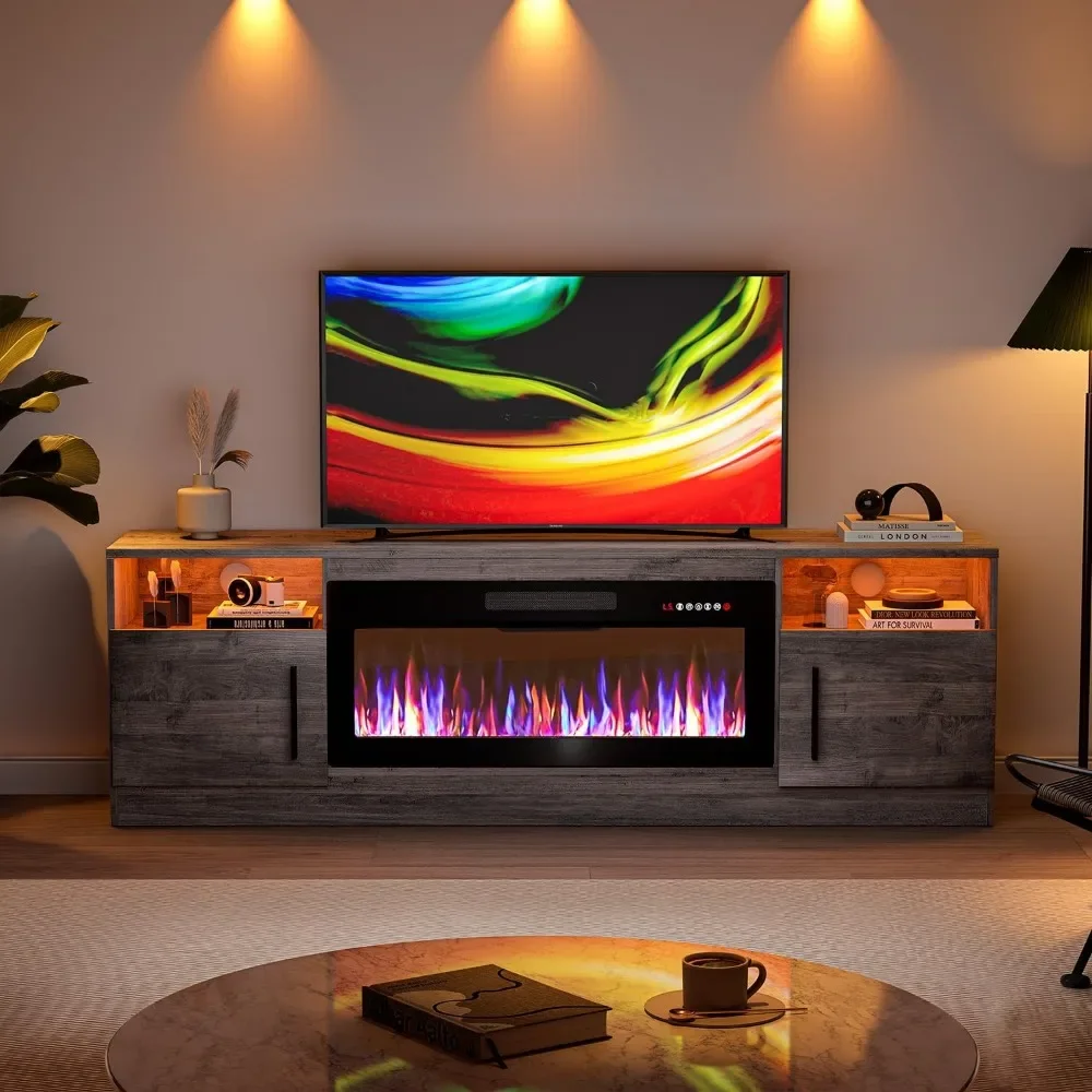 

70" Modern Wood High Gloss TV Stand – 36" Electric Fireplace for TVs Up to 80", LED Light Entertainment Center