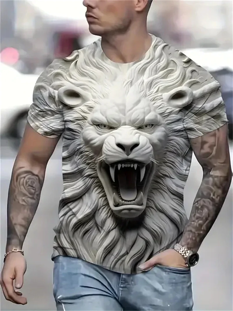 Herren 3D Steinlöwen-Print T-Shirt Kurzarm Rundhals Lässiges Tiermuster-Oberteil