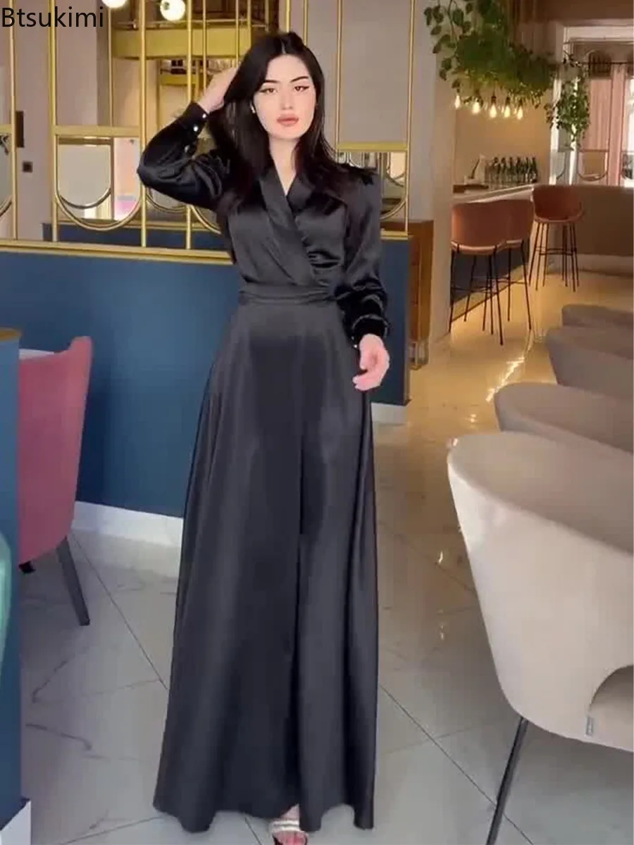 Wiosenna Nowa Damska Sukienka Satynowa z Długim Rękawem i Dekoltem w Serek Moda Muzułmańska Abaje Dubaj Arabski Szata Maroko Turcja Skromny Kaftan Suknie Wieczorowe