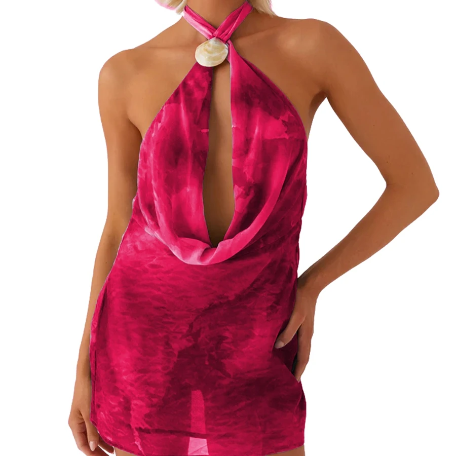 Strand Dames Halterneck Backless Mini-jurk Sexy Stijlvolle Tie Dye Decoratieve Shell Mouwloze Col Jurk