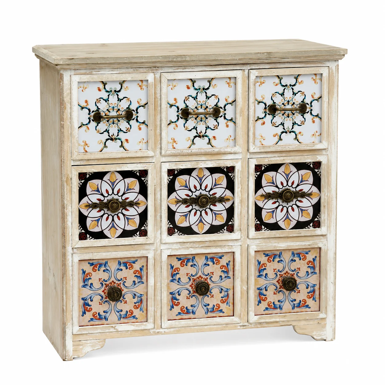 Vintage 9-Drawer Wooden Chest Cabinet, Rustic Farmhouse Storage Organizer with Ceramic Tile Fronts, Distressed Wood Dresser