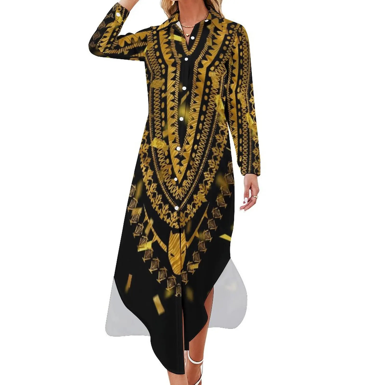 

Wakandan Dashiki Gold Festive Long Sleeved Shirt Dress Dress vintage women formal occasion dresses