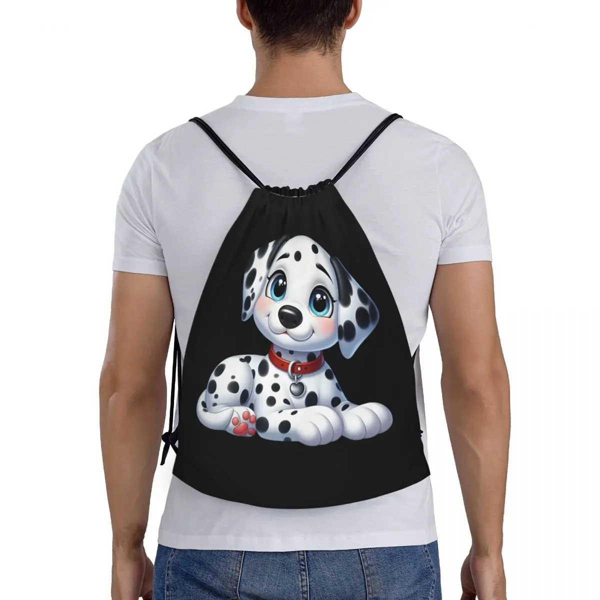 Fondo de corazón de dálmatas personalizado, bolsas con cordón para perro bonito, mochila ligera de almacenamiento para gimnasio y deportes con perro de dibujos animados para hombres y mujeres