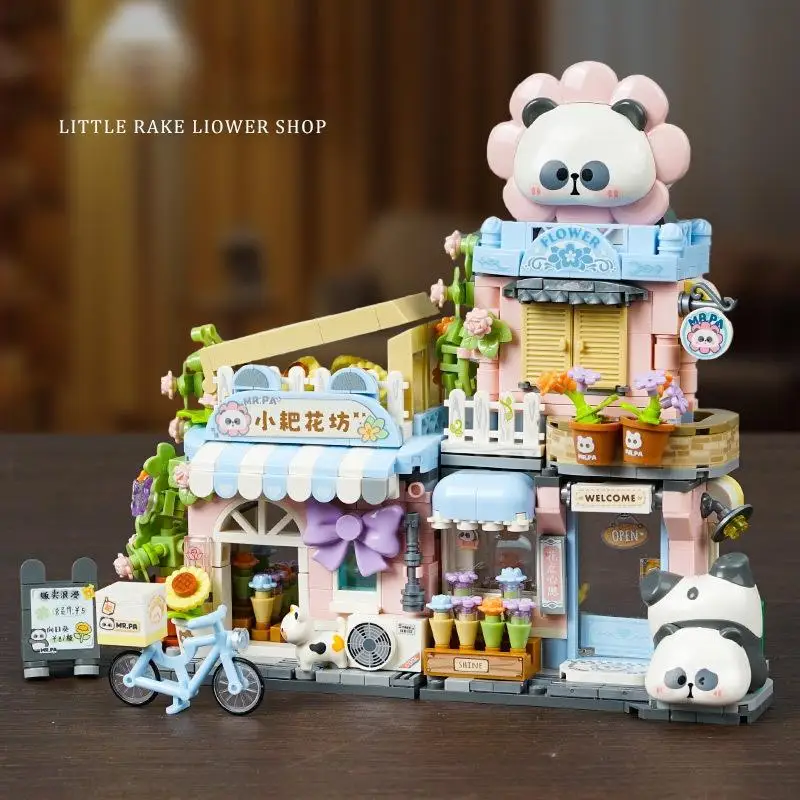 Bricolage grande maison de chat orange à la main mini vue sur la rue panda coeur boutique de cadeaux épissage bloc de construction jouet cadeau en gros