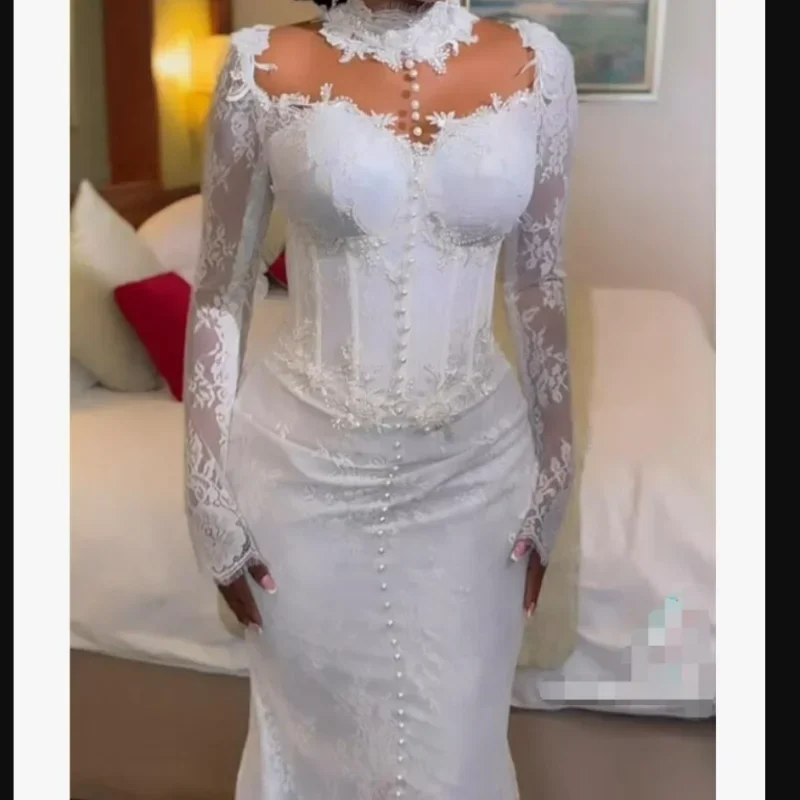Elegante abito da sposa da donna africano con perle di pizzo bianco a sirena Abito da sposa sexy con collo alto e maniche lunghe personalizzato