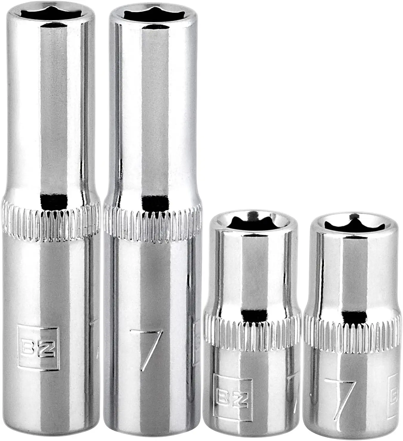 

7mm Socket Four Pack, 1/4" Drive Deep & Shallow, Knurled Rim, Easy Hand Turn, Garage Certified
