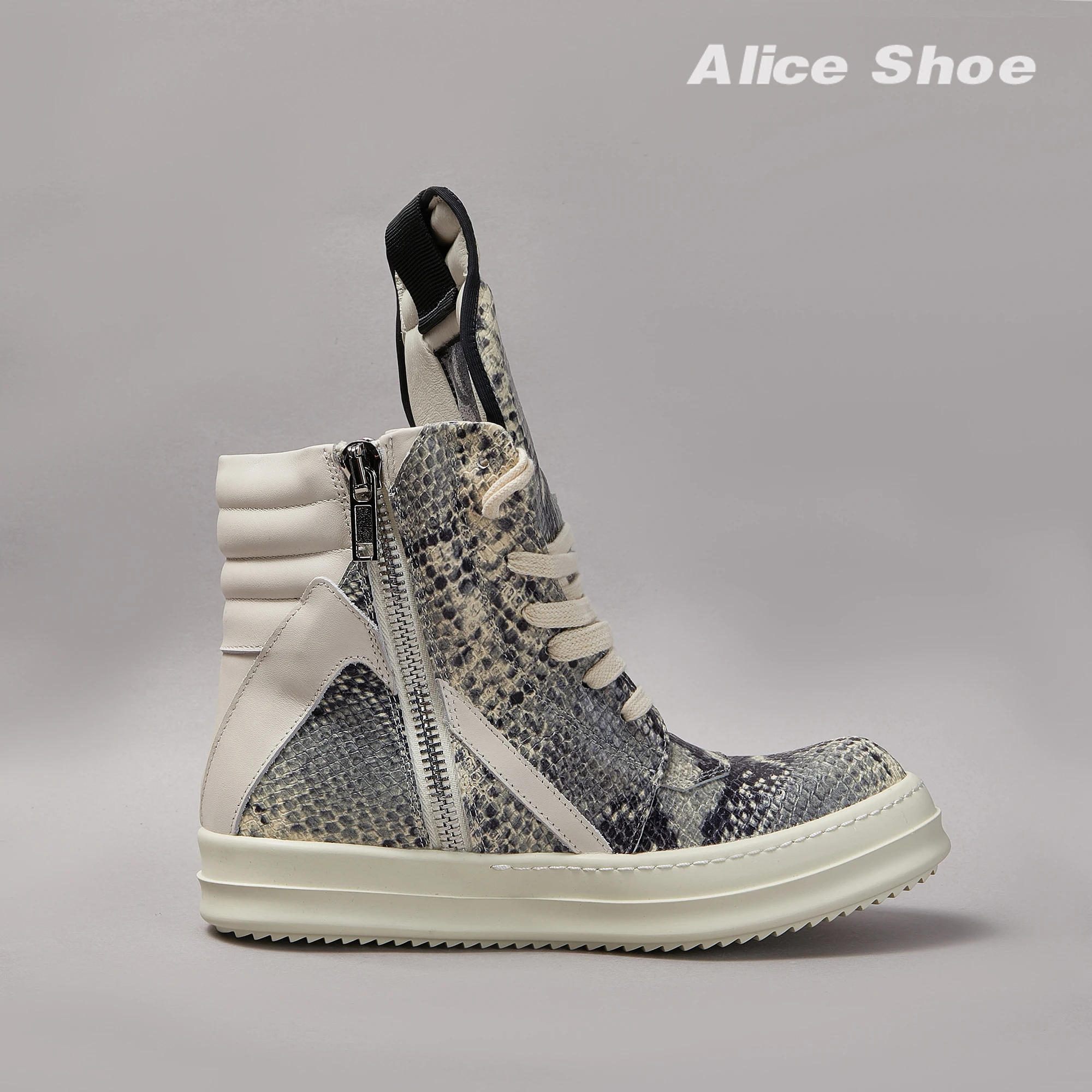 Brand Men Ankle Boot Casual Leather High Top Women Sneaker Python-Embossed Flat Luxury Trainer Designer Platform Grey Flat Shoe