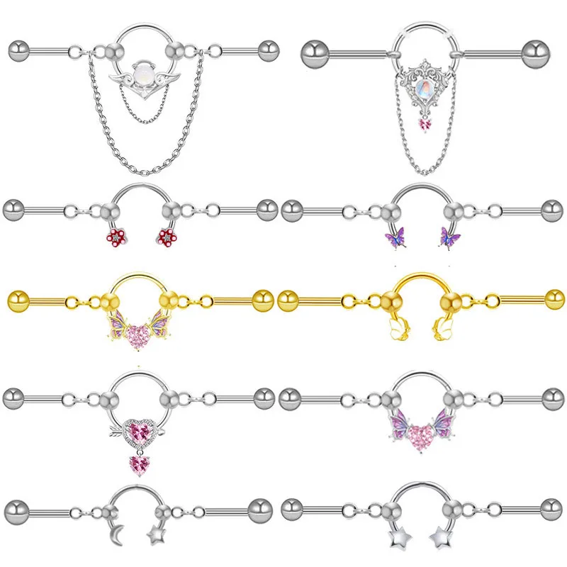 Fashion Chains Heart Butterfly Earbone Stud Crystal Moon Stars Ear Bridge Industrial Barbell Nose Ring Piercing Earrings Jewelry