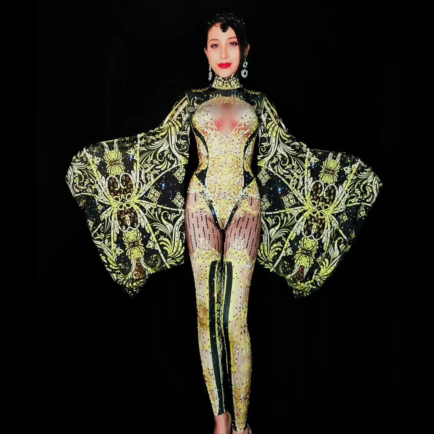 

Women Sexy Leotard Big Sleeve Stage Costumes Singer Performance Outfits Dancer Rompers Gold Rhinestones Jumpsuit