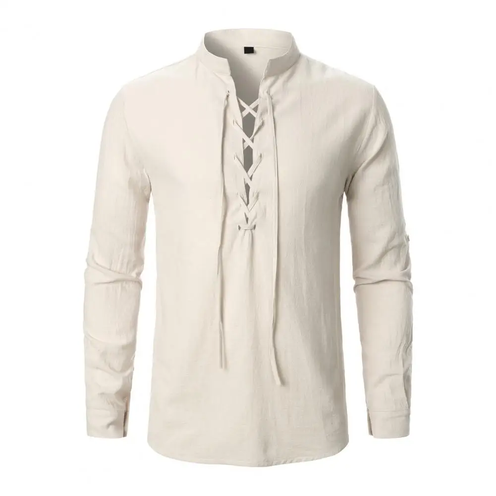 Stand Collar Men Shirt Medieval-inspired Men's Shirt with Lace-up Stand Collar Cufflink Detailing for Casual or Office Wear