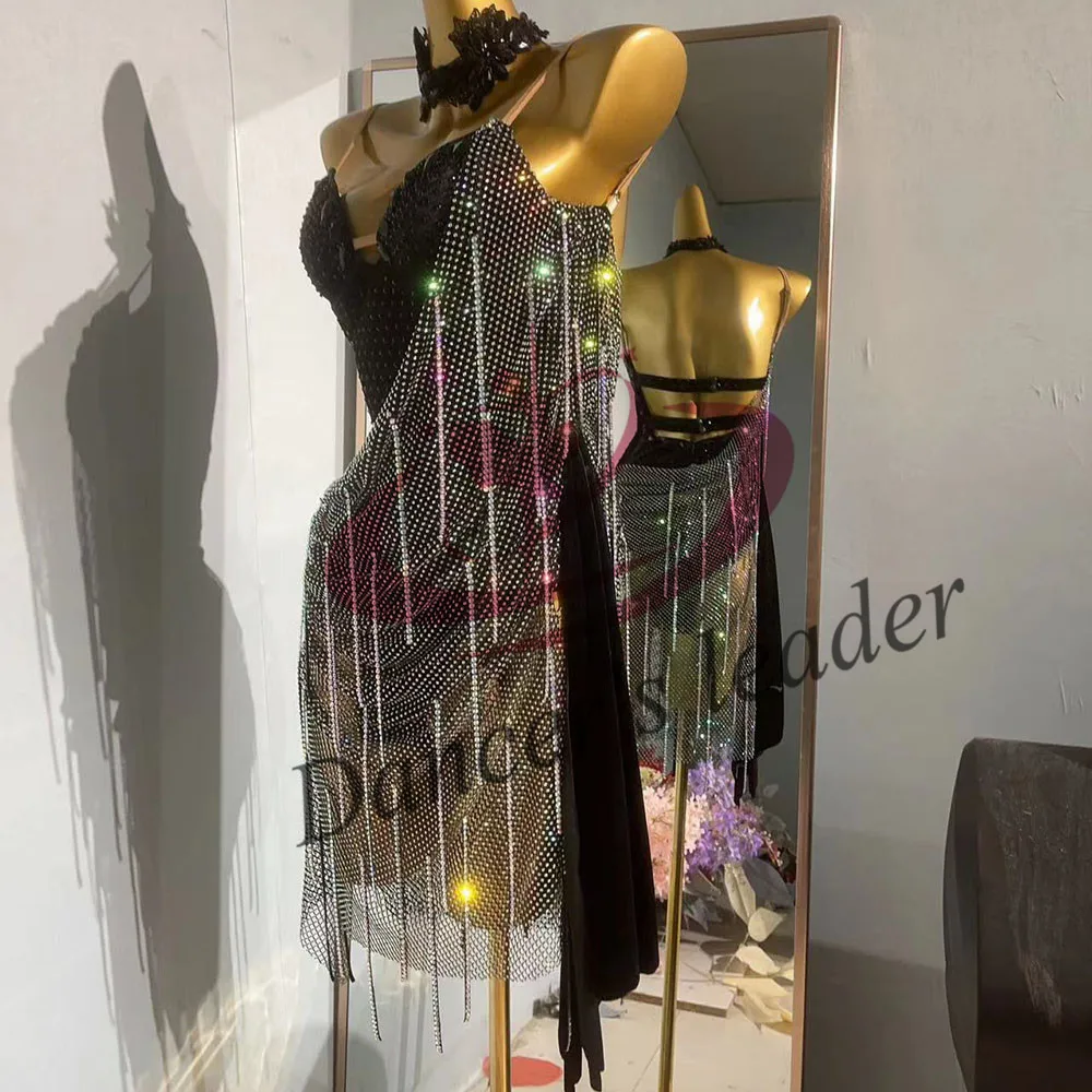 Vestido de dança latina high end personalizado diamante flashover capa suspender chacha tango feminino adulto palco roupas profissionais