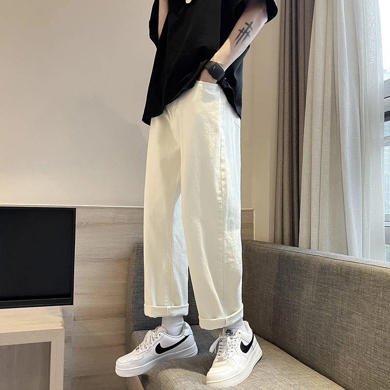 

Trendy Loose Straight Leg Men's Jeans Summer Casual Wide Leg Pants Drop Waist Effect High Street Hip Hop Light Beige