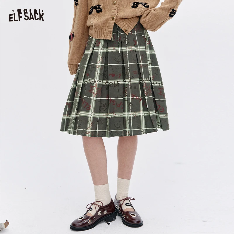 ELFSACK Preppy Midi Skirt with Graffiti Print, Knee-Length Plaid Pleated Dress, Casual Quirky Outfit for Women