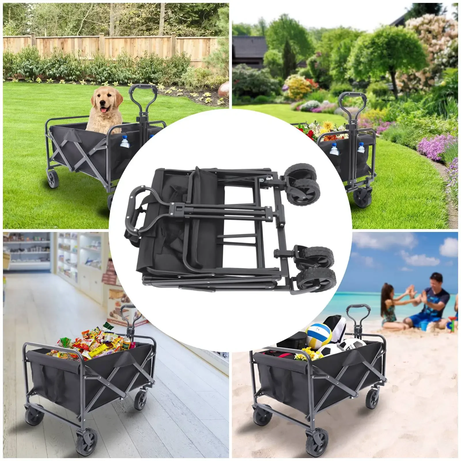Small 5'' Rubber Wheel Folding Cart Camping Trolley Big Wheels Beach Trolley Cart W/ Adjustable Handle & Drink Holders