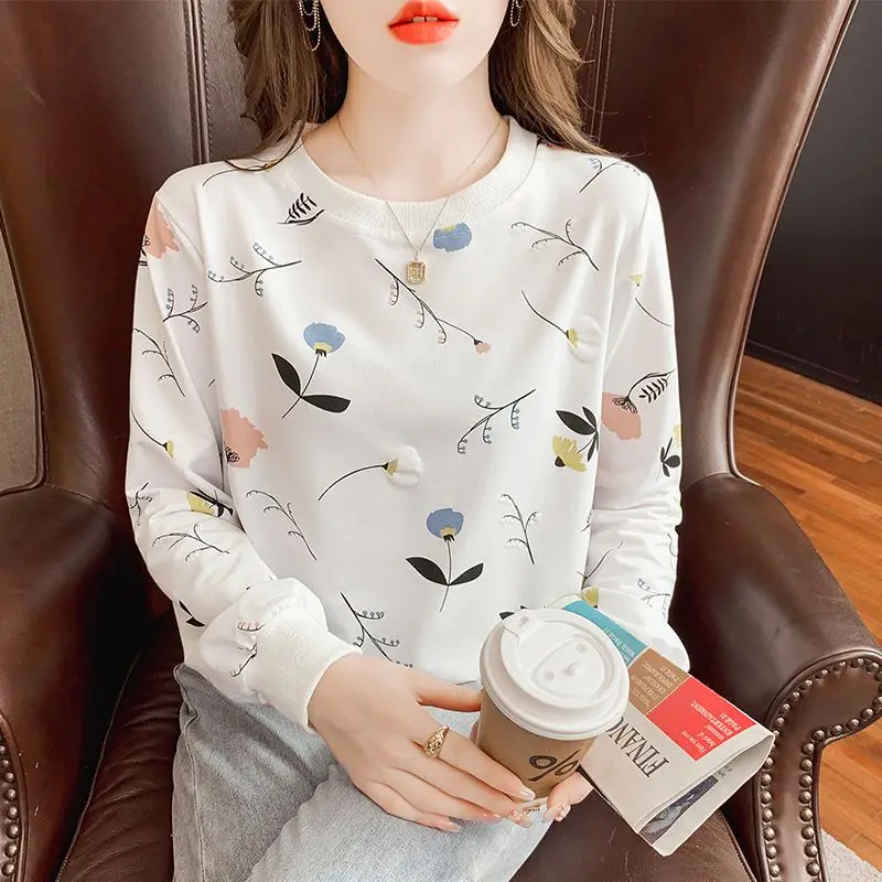 Office Lady Casual Printing Bloemen Truien Losse Ronde Hals Regelmatige Dieptepunt Blouses Dunne Herfst Winter Vrouwen Kleding 2023