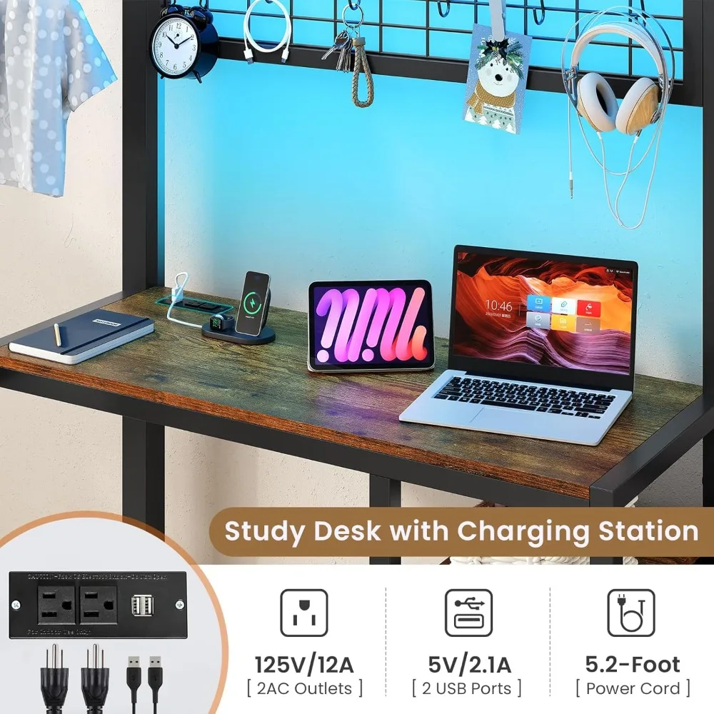 سرير معدني مزدوج على شكل حرف L مع مكتب وأضواء LED ومحطة شحن، تتميز بأدراج التخزين والأرفف #6