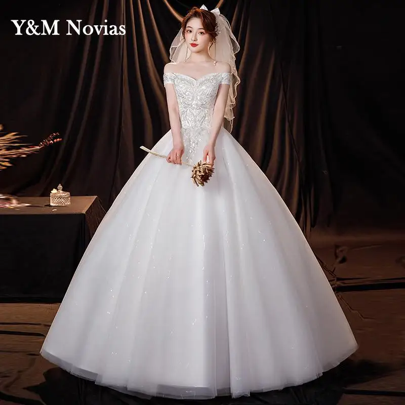 Vestido De novia con cuello Barco, traje De baile con hombros descubiertos, lentejuelas De lujo, talla grande, novedad De 2023