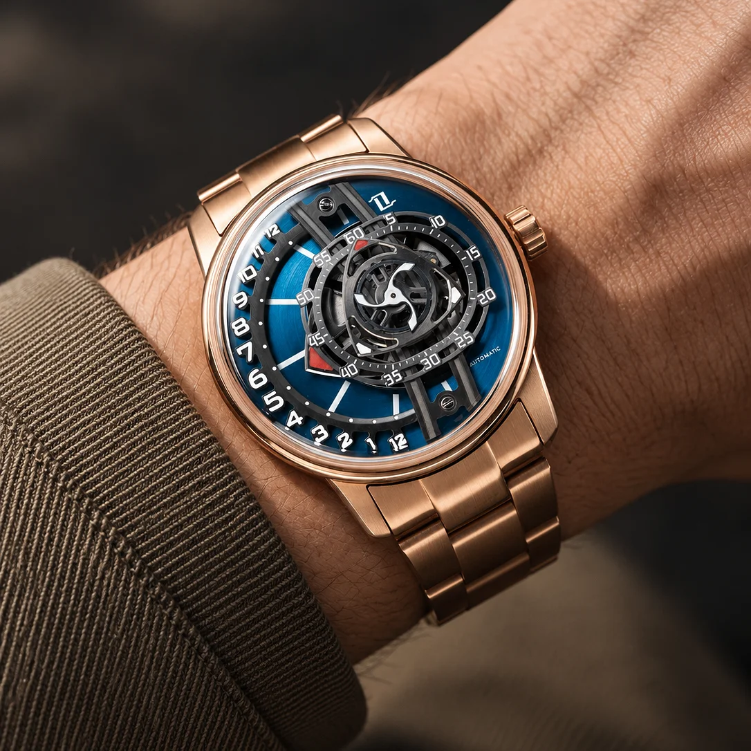 OBLVLO JM Rotor Rose Gold 42mm Automatic Watch Unique Skeleton Rotary Engine Blue Dial Miyota 8215 Jump Hour Movement