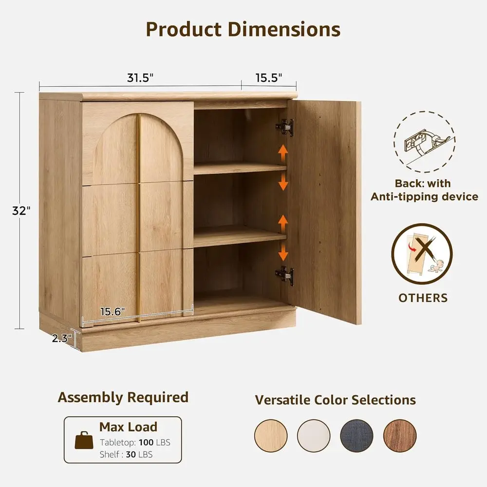 خزانة جانبية بباب مقوس 63 من خشب البلوط الطبيعي مع مساحة تخزين وأرفف قابلة للتعديل وبار قهوة لغرفة المعيشة أو المطبخ أو المدخل