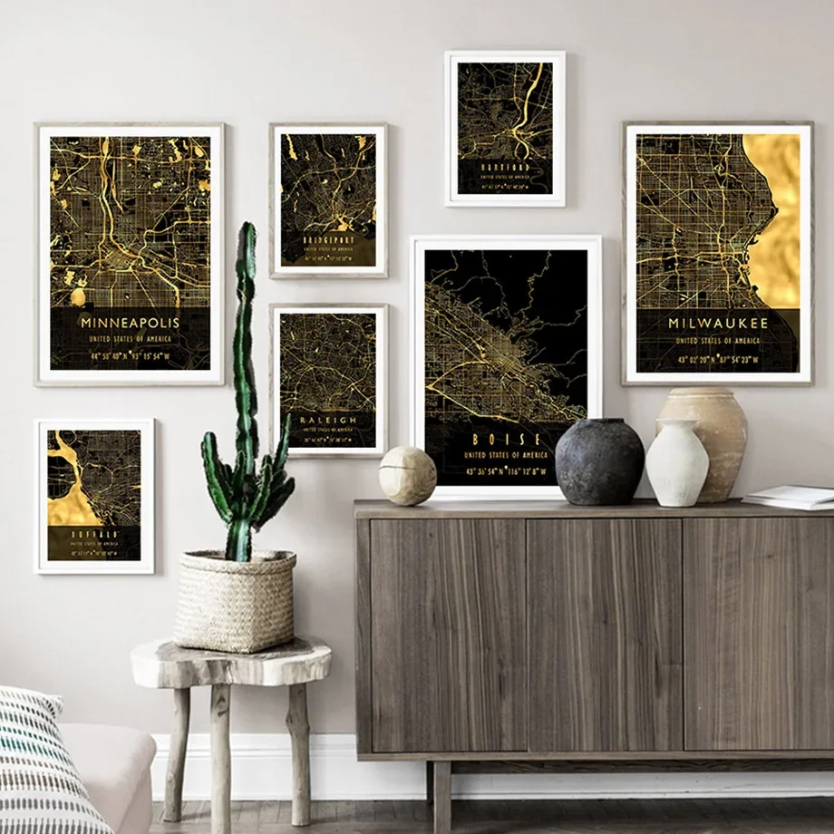 Wall Art Canvas Painting Black Golden United States Map Decoration Nordic Posters And Prints Wall Pictures For Living Room Home