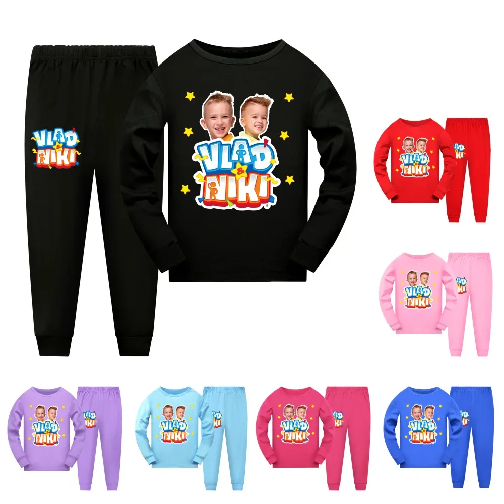 

New Spring Autumn Cartoon Vlad Niki Boys Girls Pajamas Set Long-sleeved T-shirt+Casual Trousers Children's Sports Suit Clothing