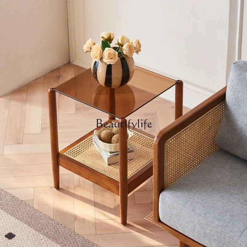 01Solid Wood Living Room Rectangular Rattan Glass Coffee Table Simple Side Table Modern Small Apartment Home