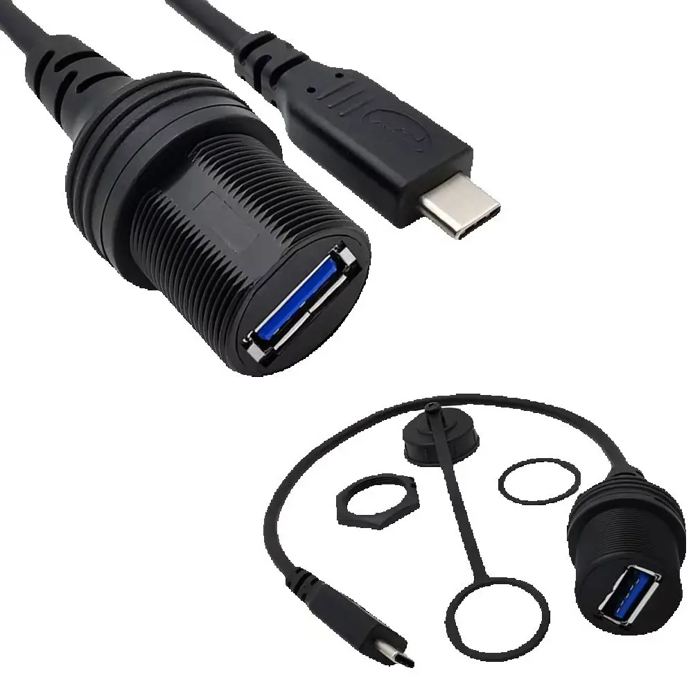 Waterproof Type C to USB a Female OTG Cable USB3.1 B AUX Flush Panel Mount for Car Truck Boat Motorcycle Dashboard