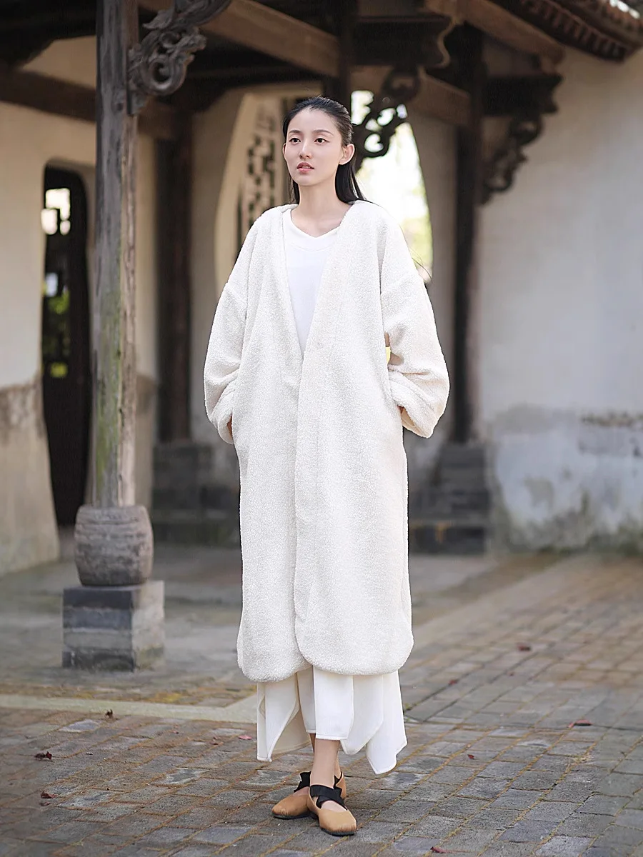 TIYIHAILEY الشتاء النساء ملابس خارجية معاطف فضفاضة طويلة منتصف العجل الصوف سترة دافئة خندق سميكة سترة سوداء مع جيوب زر واحد #4