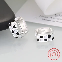 Real 925 Sterling Silver Woman's New Jewelry Piano Black White Hoop Earrings XY0182