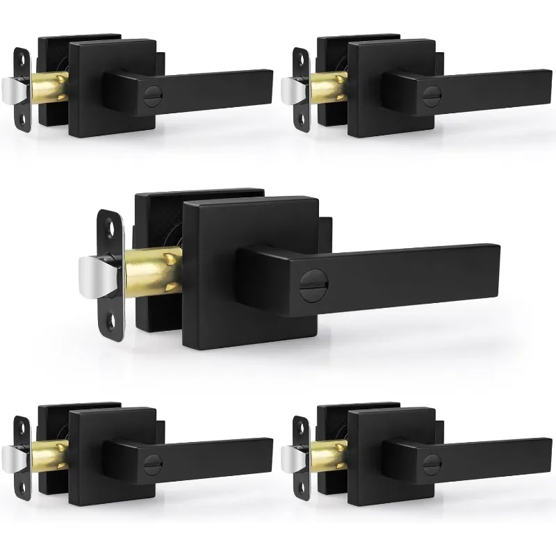 5 Pack Door Handles Black Interior Door Knobs, Keyless Privacy Door Levers with Lock, Heavy Duty Zinc Alloy,