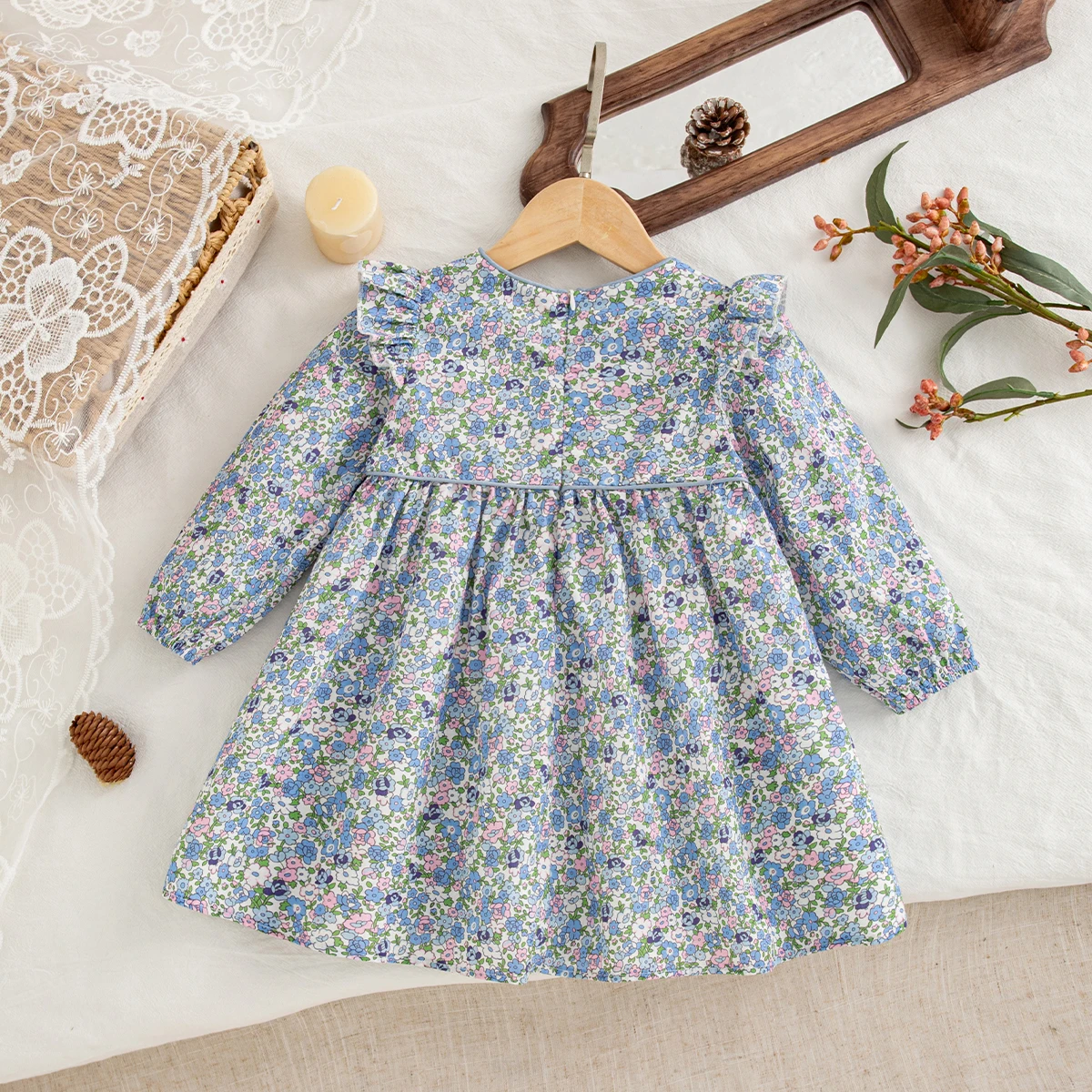 Autumn Fashion Floral Long Sleeved Baby Girl Dress Korean Style Sweet Cute Blue Bow Cotton Comfortable Soft Casual Toddler Dress