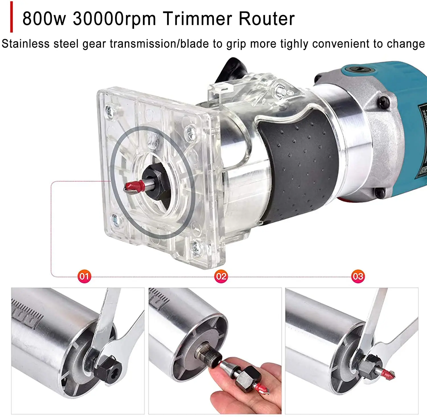 Trimmer elettrico per la lavorazione del legno 800W 30000rpm Router di legno Macchina a mano Fresatura fai da te Intaglio Incisione Utensili elettrici