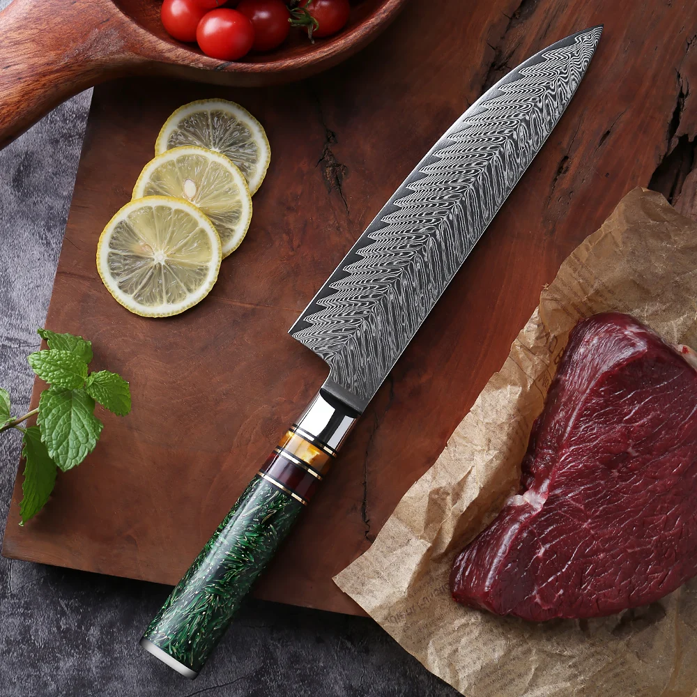 XITUO 1-8 Piece 67 Layers Damascus Steel Kitchen Knives Sharp Cut Food Multipurpose Green Grain Shell Resin Handle Kitchen Knife