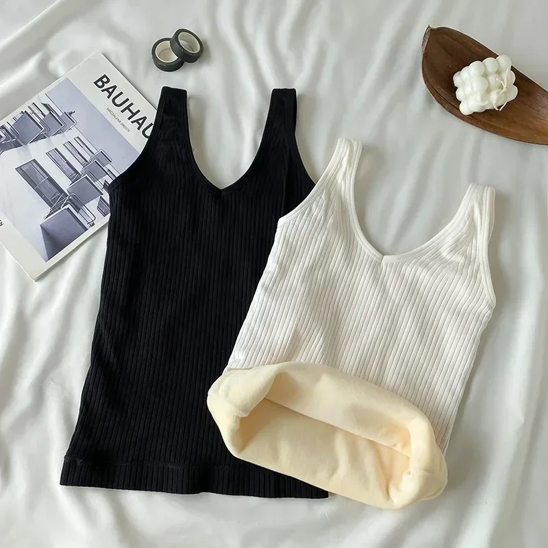 Thicken Autumn Warm Plush Base Tank Tops Sleeveless Solid Thermal Underwaist Vest FoFemale Winter Crop Tops Women\'s Shirt Camis