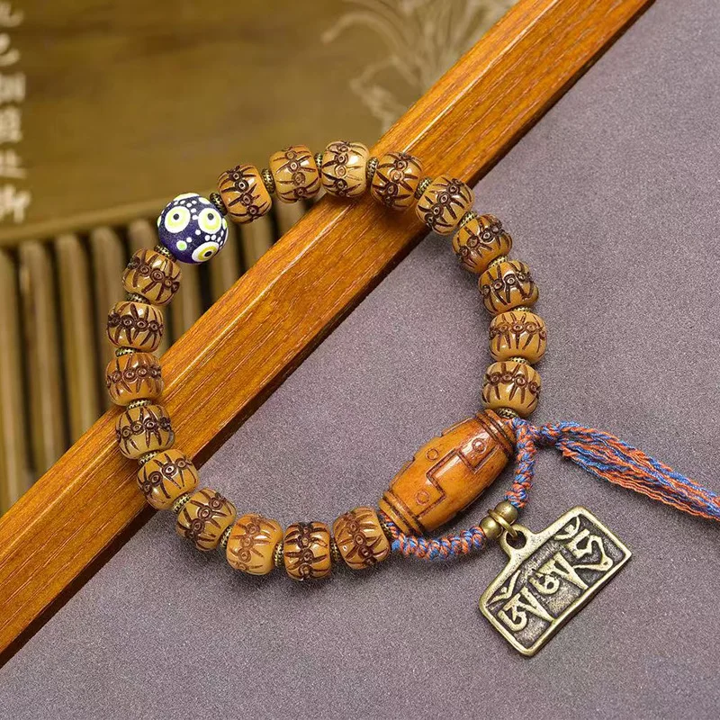 Backflow Carved Single-Wrap Bracelet Tibetan Crafts Yak Bone Glass Agate Beads Copper Accessories
