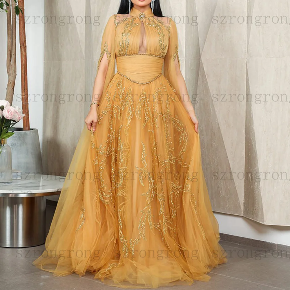 Abiti da sera formali personalizzati con collo alto Abiti moderni in pizzo con paillettes Pieghe Abito da ballo a trapezio Abito da festa lungo in tulle saudita