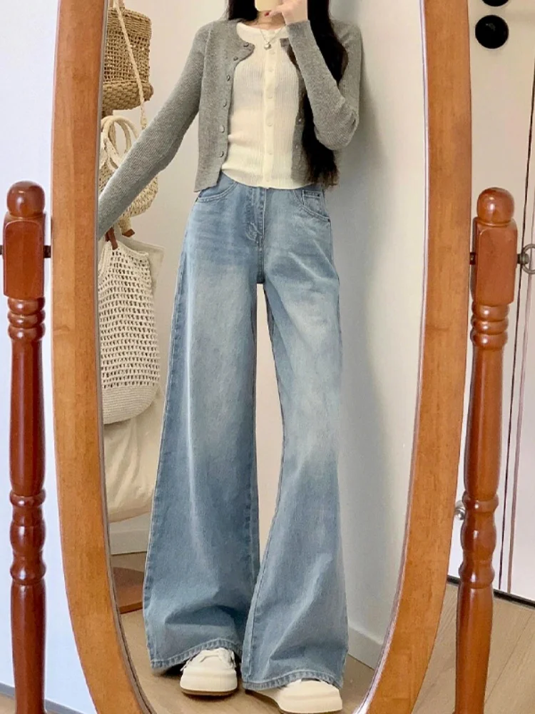 جينز نسائي عالي الخصر وواسع الساق من قماش الدنيم خريفي جديد على شكل قرد الكمثرى سروال مستقيم للتخسيس مقاوم أمريكي