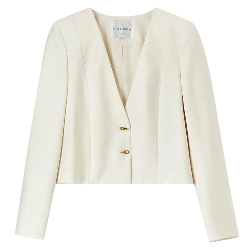 SENTUBILA Woman Cropped Blazer Short Tailored Coat 2025 Beige Straight V Neck Long Sleeve Outerwear Ladies Clothing 151X58226