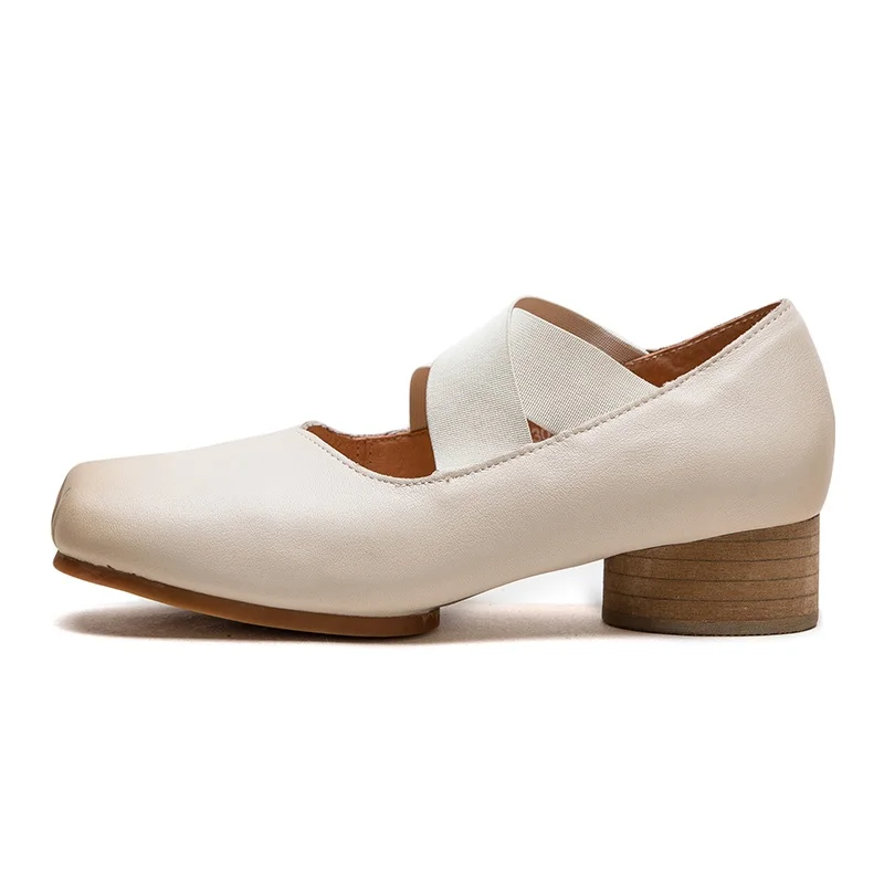 DRKANOL Women Thick Heel Shoes Summer Shallow Square Toe Genuine Leather Retro Style Cross Elastic Band Comfort Casual Shoes
