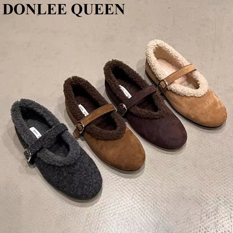 2025 moda pele apartamentos mary janes sapatos femininos dedo do pé redondo bailarina novo calçado de inverno quente sapatos de pelúcia vestido de escritório mujer