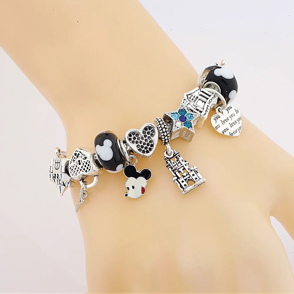 Silver Color Heart Key Castle Bead Pendant Bracelet Cartoon Mickey Minnie Charms Jewelry for Fashion Jewelry Gift
