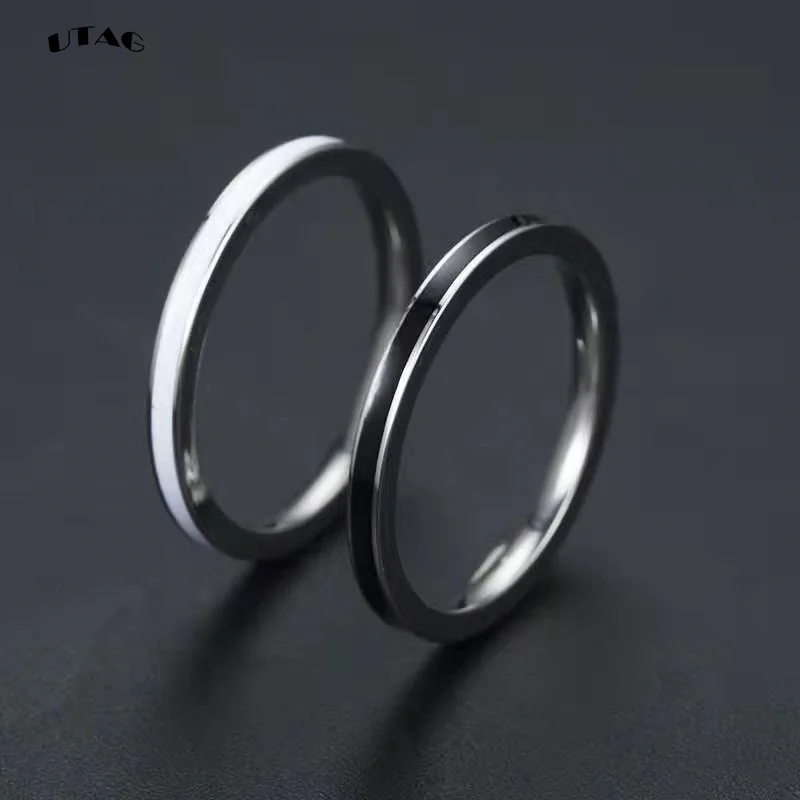 UTAG  Fashion Black/White Ceramic Crystal Wedding Rings Jewelry For Women Girls Rose Gold Stainless Steel Bohemia Rin