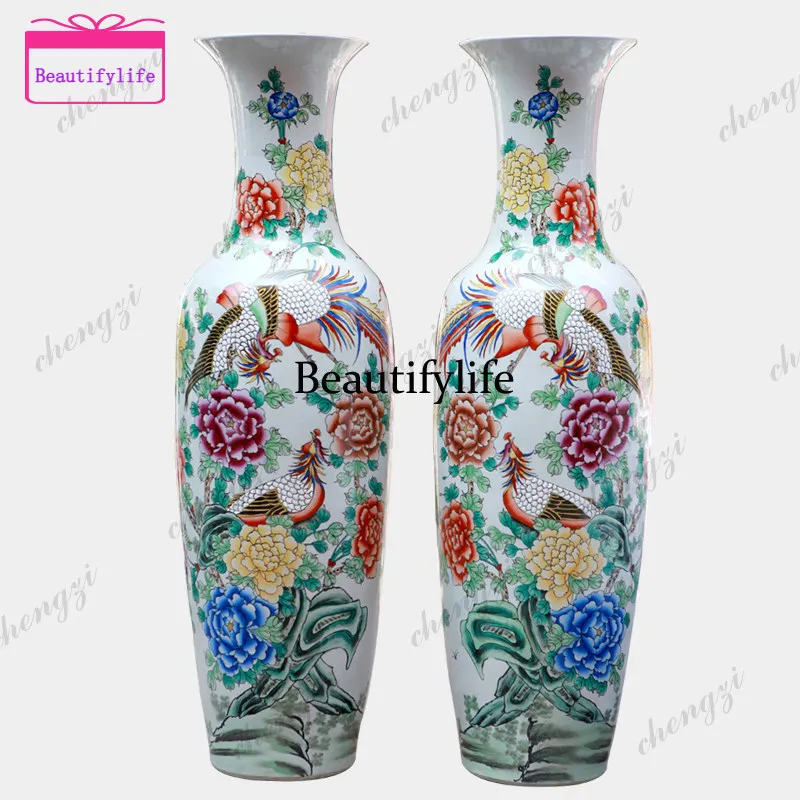 a55 Jingdezhen Ceramics, Pastel Phoenix Peony Modern Floor Bottle, Living Room, Home Furnishing, Hotel Decoration