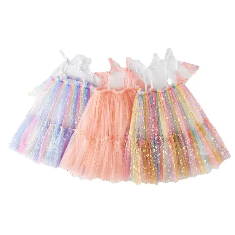 

2025 Summer New Girls Rainbow Snowflake Suspender Princess Dress Star Sequins Mesh Cake Lace-up Dress Baby Bow Ball Gown Dress