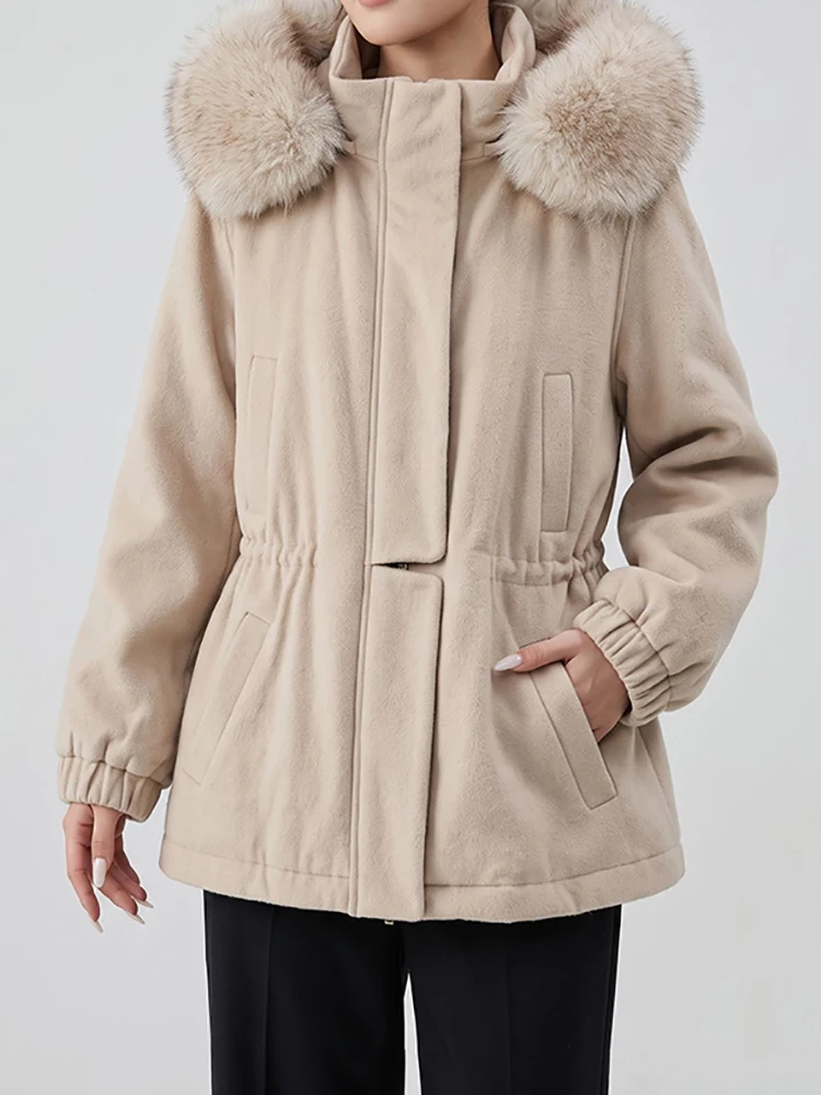 Women's hooded long fur-lined coat with drawstring waist and short style for winter and autumn, 2026 new design