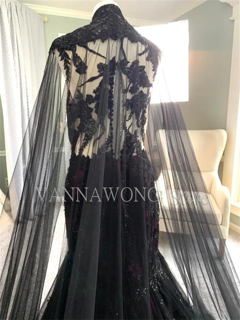 custom 17005# Black and Purple Wedding Dress with Bridal Cape Illusion Back Fishtail Gothic Mermaid Formal Dress