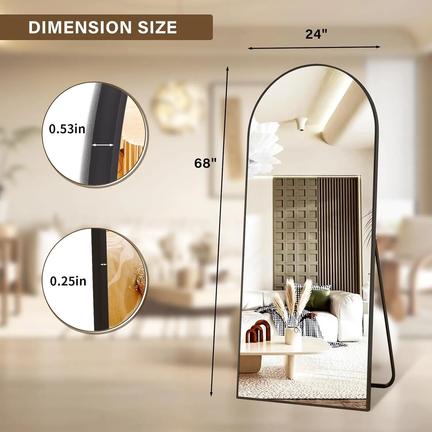 [Vendita calda! ]Specchi da pavimento a specchio ad arco a figura intera 24x68 con telaio in lega di alluminio Specchi da pavimento autoportanti montati a parete o L