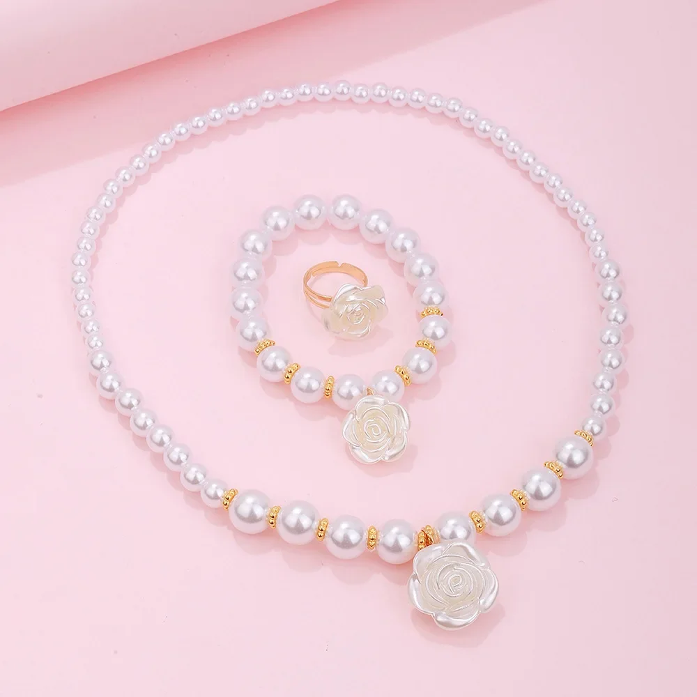 3pcs Set Temperament Pearl Beaded White Camellia Flower Necklace Bracelet Ring for Women Girls Luxury Children Jewelry Set Gift